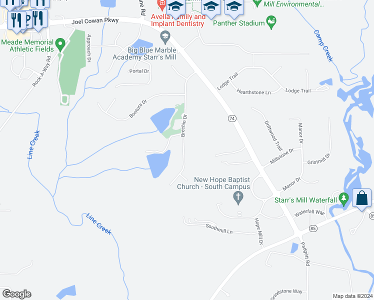 map of restaurants, bars, coffee shops, grocery stores, and more near 230 Brechin Drive in Senoia