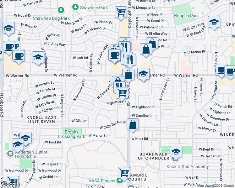 map of restaurants, bars, coffee shops, grocery stores, and more near 1813 North Apache Drive in Chandler