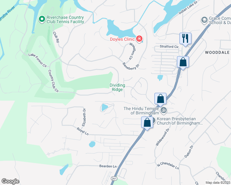map of restaurants, bars, coffee shops, grocery stores, and more near 1100 Country Club Circle in Birmingham