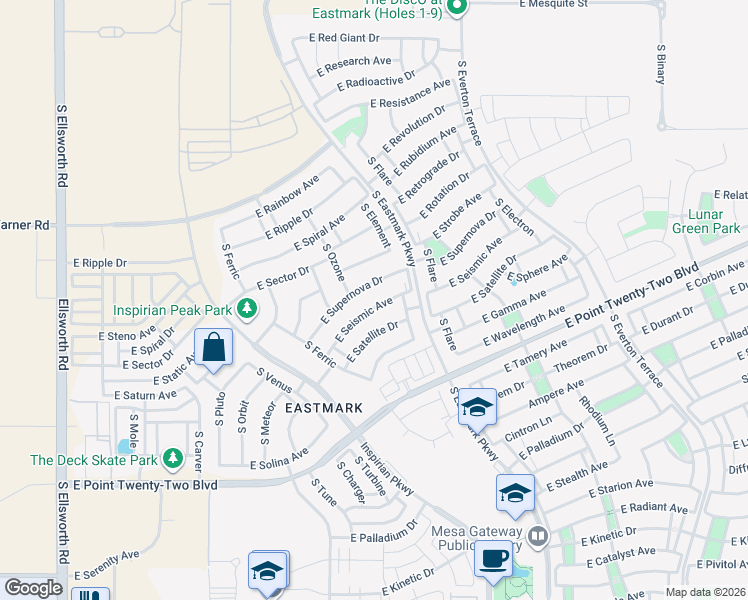 map of restaurants, bars, coffee shops, grocery stores, and more near 9822 East Seismic Avenue in Mesa