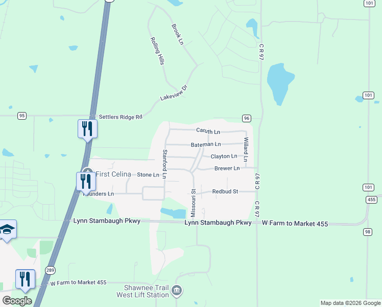 map of restaurants, bars, coffee shops, grocery stores, and more near 1336 Tidwell Lane in Celina