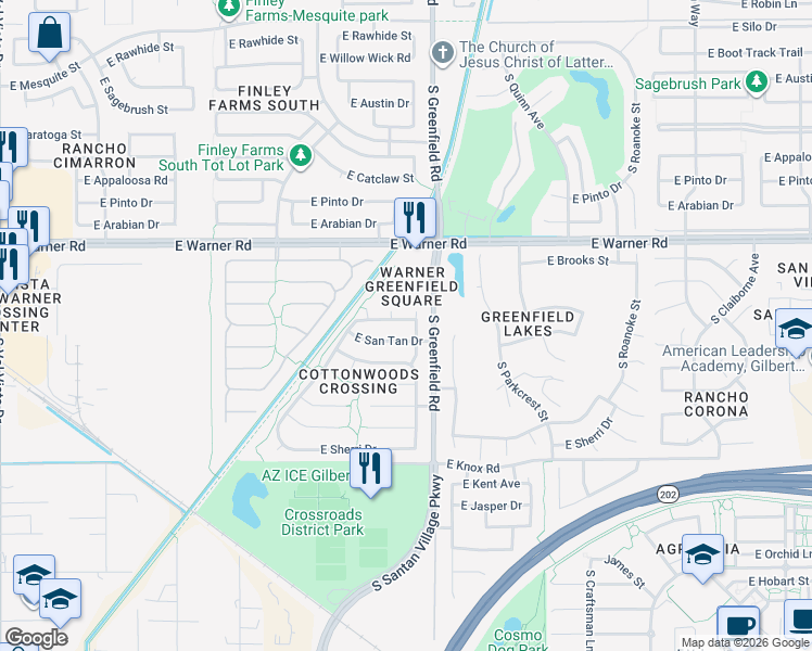 map of restaurants, bars, coffee shops, grocery stores, and more near 2357 East Ranch Road in Gilbert