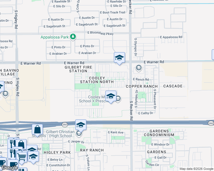 map of restaurants, bars, coffee shops, grocery stores, and more near 972 South Huish Drive in Gilbert