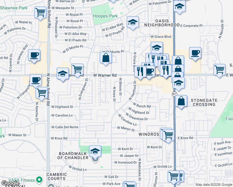 map of restaurants, bars, coffee shops, grocery stores, and more near 1947 North Illinois Street in Chandler