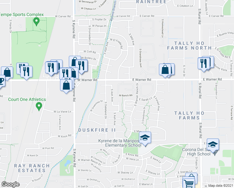 map of restaurants, bars, coffee shops, grocery stores, and more near 8910 South Ash Avenue in Tempe
