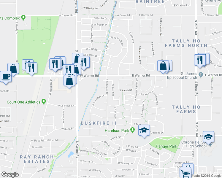 map of restaurants, bars, coffee shops, grocery stores, and more near 8910 South Ash Avenue in Tempe