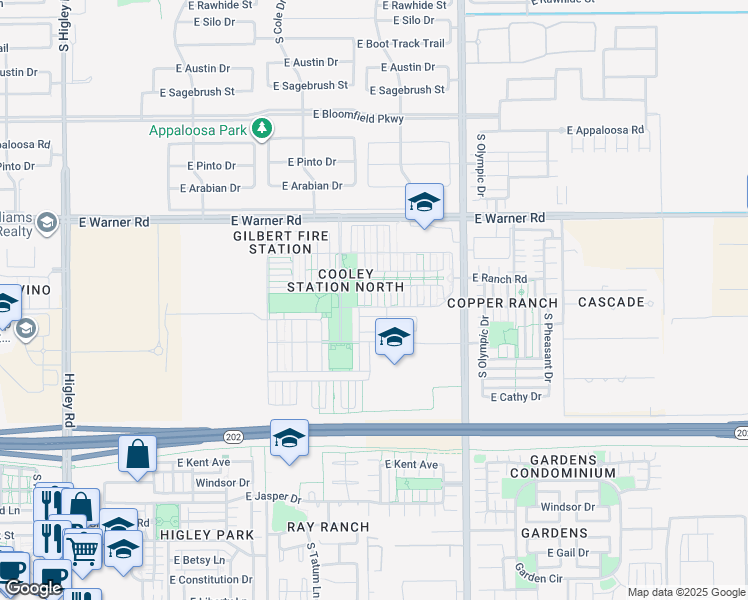 map of restaurants, bars, coffee shops, grocery stores, and more near 972 South Huish Drive in Gilbert