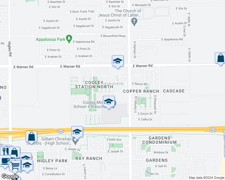 map of restaurants, bars, coffee shops, grocery stores, and more near 965 South Wallrade Lane in Gilbert