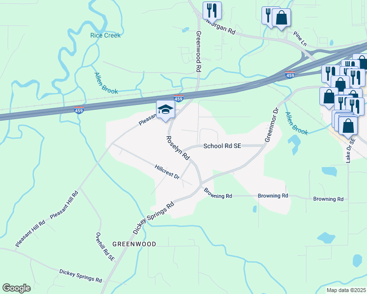 map of restaurants, bars, coffee shops, grocery stores, and more near 5024 Roselyn Road in Bessemer