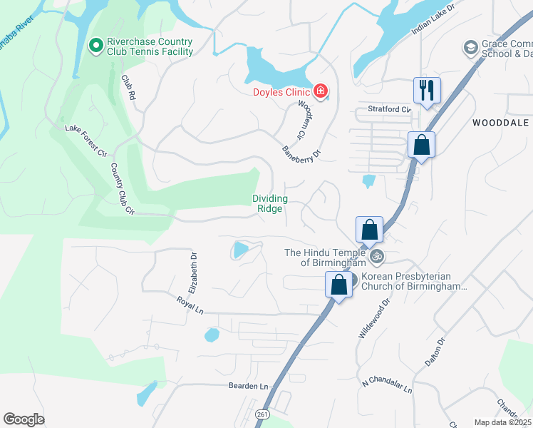 map of restaurants, bars, coffee shops, grocery stores, and more near 1100 Country Club Circle in Birmingham