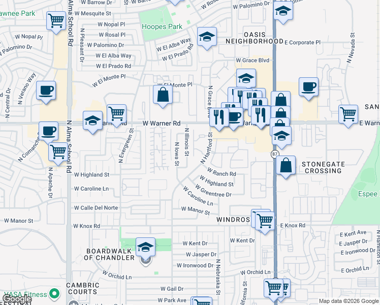 map of restaurants, bars, coffee shops, grocery stores, and more near 1947 North Illinois Street in Chandler