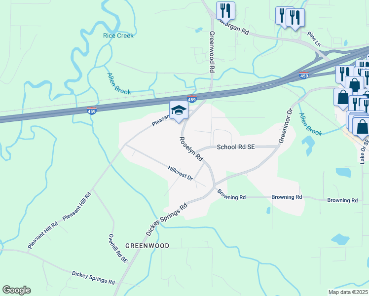map of restaurants, bars, coffee shops, grocery stores, and more near 5024 Roselyn Road in Bessemer