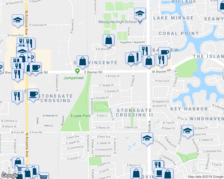 map of restaurants, bars, coffee shops, grocery stores, and more near 716 East Stottler Place in Chandler