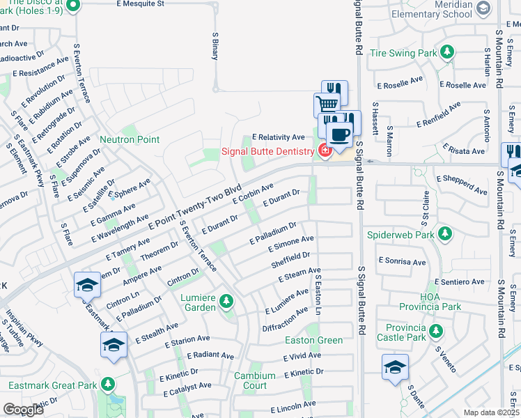 map of restaurants, bars, coffee shops, grocery stores, and more near 4527 Volt Lane in Mesa