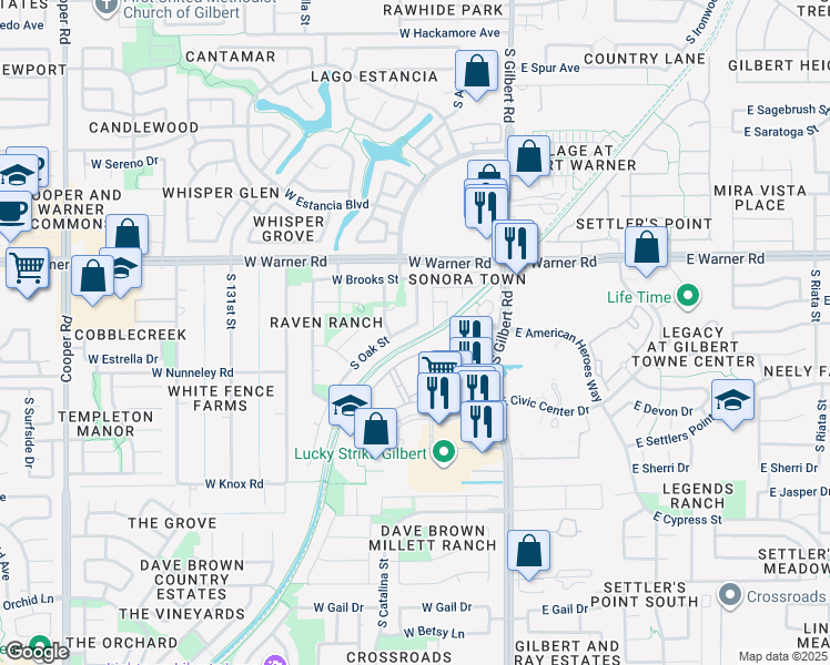 map of restaurants, bars, coffee shops, grocery stores, and more near 923 South Ash Street in Gilbert