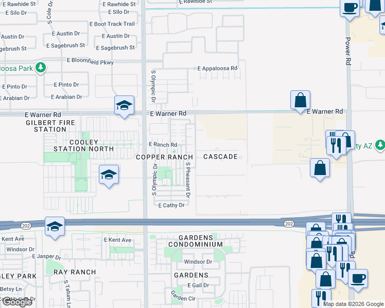map of restaurants, bars, coffee shops, grocery stores, and more near 955 South Pheasant Drive in Gilbert