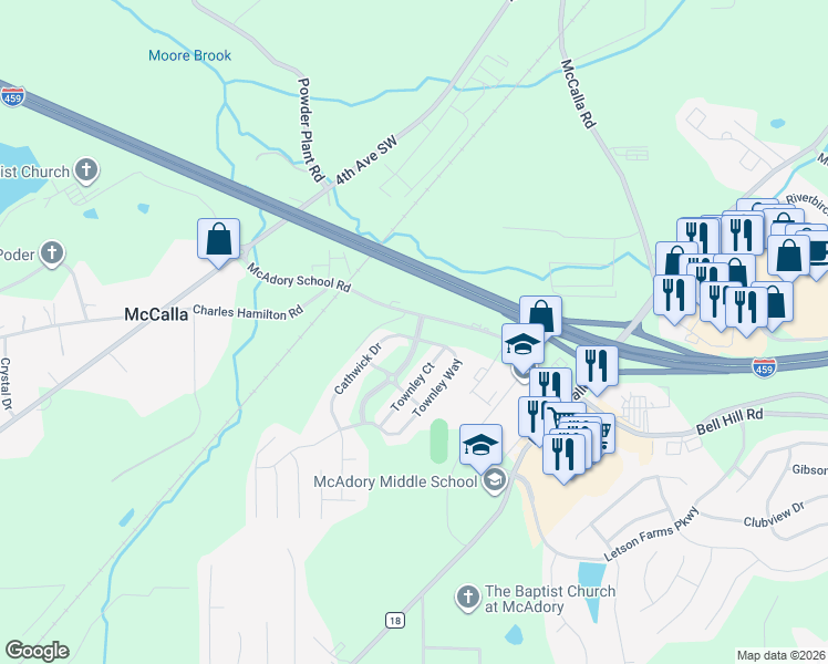 map of restaurants, bars, coffee shops, grocery stores, and more near 6016 Cathwick Drive in McCalla