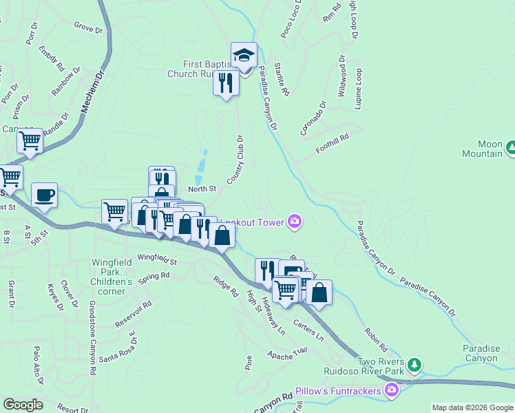 map of restaurants, bars, coffee shops, grocery stores, and more near 220 Lookout Drive in Ruidoso