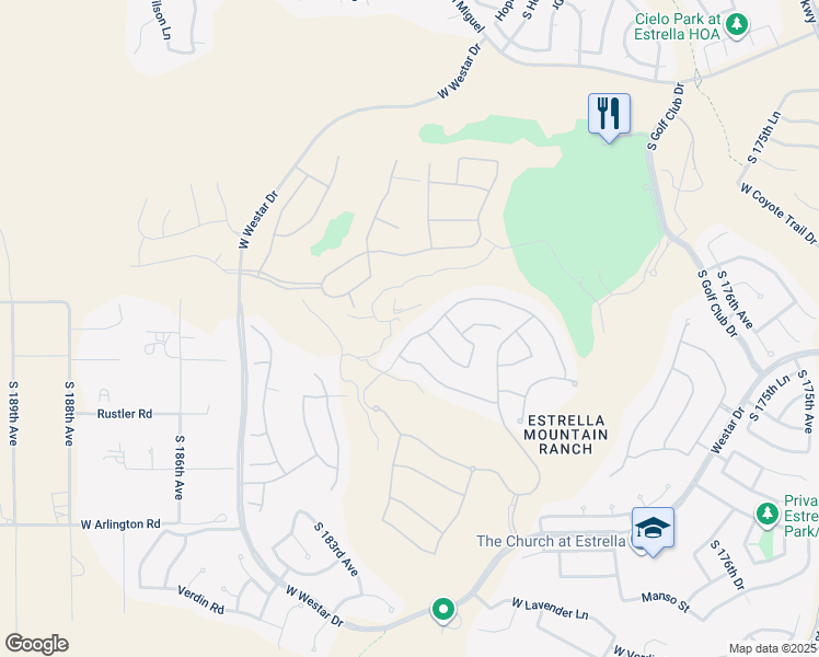 map of restaurants, bars, coffee shops, grocery stores, and more near 18168 West Narramore Road in Goodyear