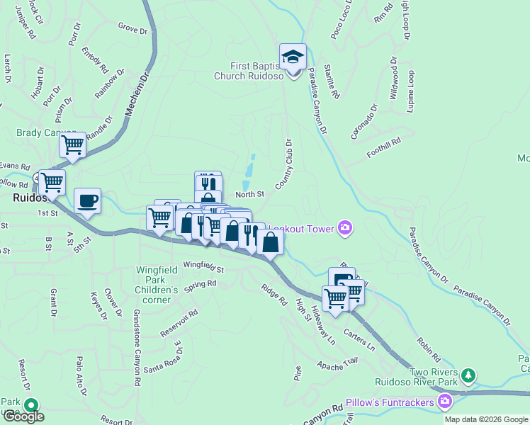 map of restaurants, bars, coffee shops, grocery stores, and more near 100 Lookout Drive in Ruidoso