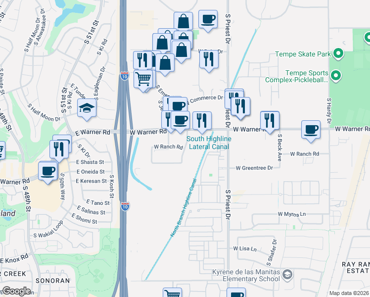 map of restaurants, bars, coffee shops, grocery stores, and more near 1431 West Ranch Road in Tempe