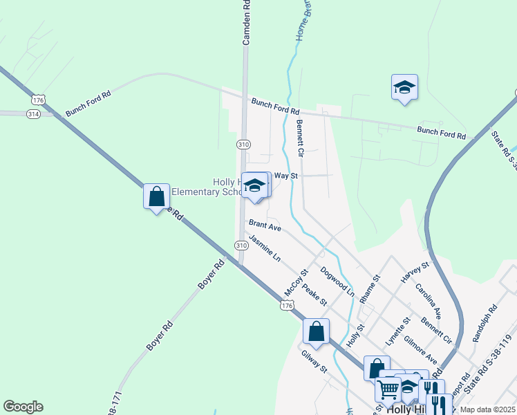 map of restaurants, bars, coffee shops, grocery stores, and more near 1490 Brant Avenue in Holly Hill