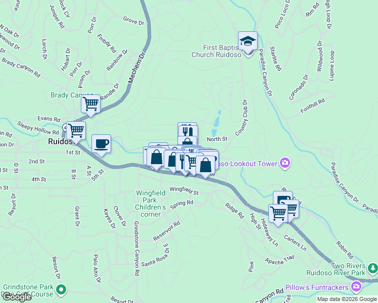 map of restaurants, bars, coffee shops, grocery stores, and more near 207 Eagle Drive in Ruidoso