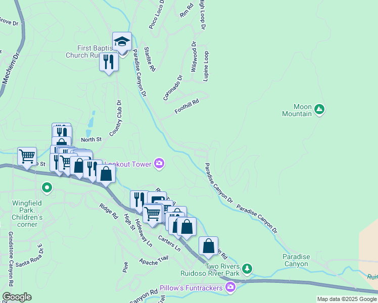 map of restaurants, bars, coffee shops, grocery stores, and more near 433 Paradise Canyon Drive in Ruidoso