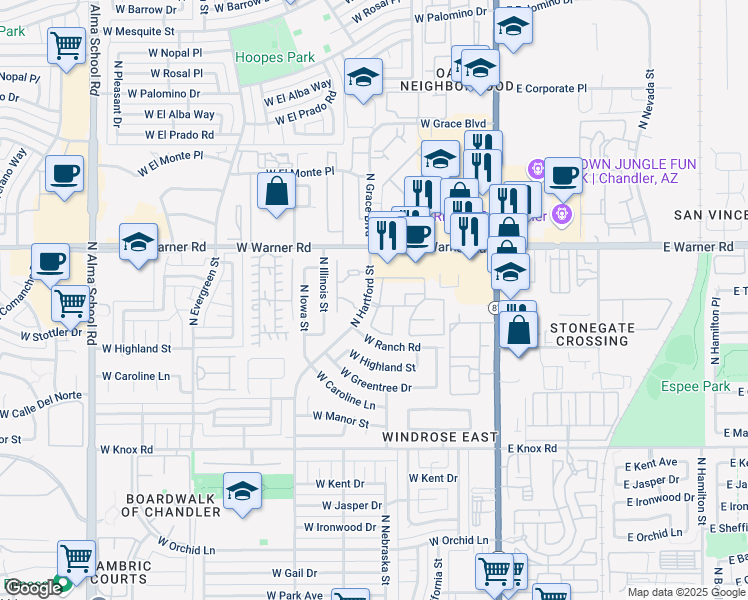 map of restaurants, bars, coffee shops, grocery stores, and more near 1970 North Hartford Street in Chandler