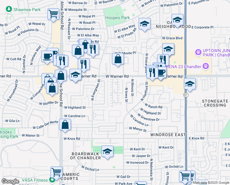 map of restaurants, bars, coffee shops, grocery stores, and more near 555 West Warner Road in Chandler