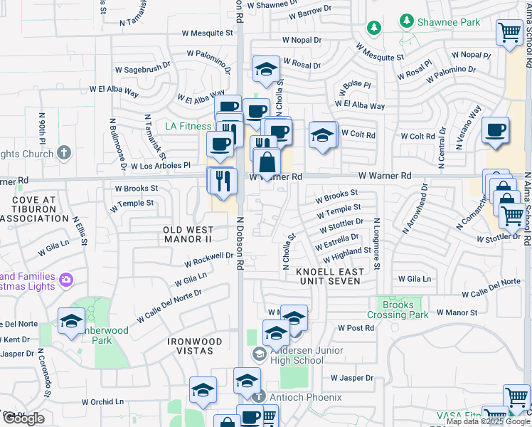 map of restaurants, bars, coffee shops, grocery stores, and more near 1817 North Dobson Road in Chandler