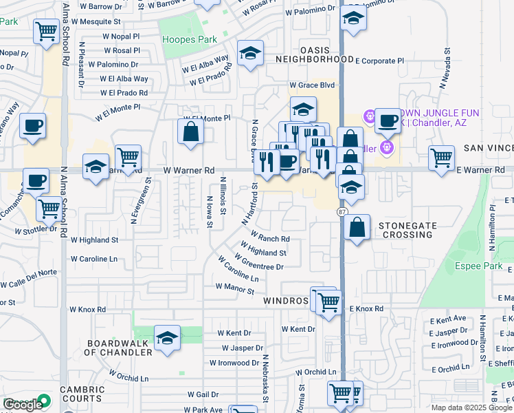 map of restaurants, bars, coffee shops, grocery stores, and more near 1970 North Hartford Street in Chandler