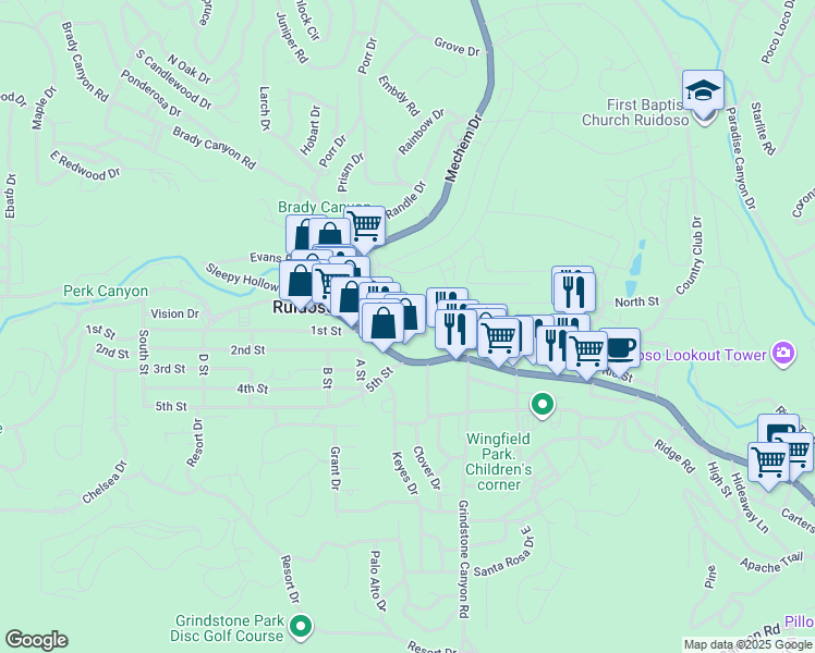 map of restaurants, bars, coffee shops, grocery stores, and more near 101-103 Leach Drive in Ruidoso