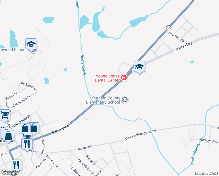 map of restaurants, bars, coffee shops, grocery stores, and more near 116-120 Sparta Hwy in Eatonton