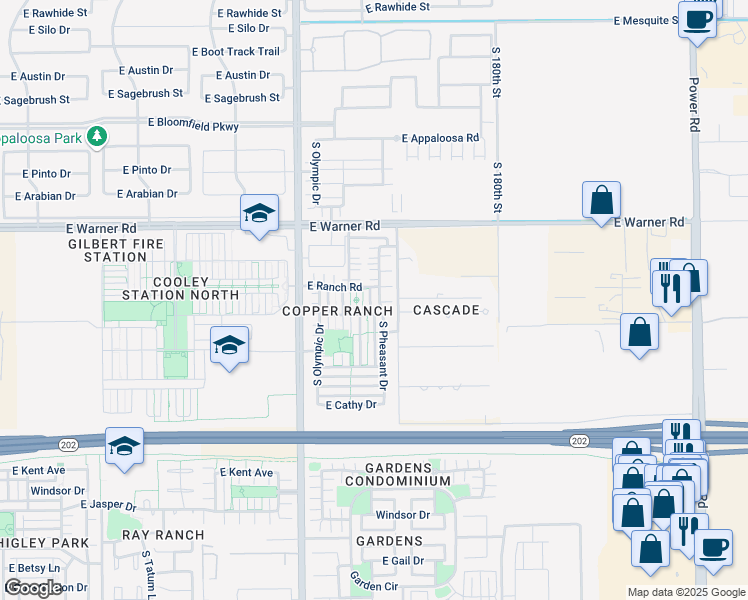 map of restaurants, bars, coffee shops, grocery stores, and more near 959 South Pheasant Drive in Gilbert