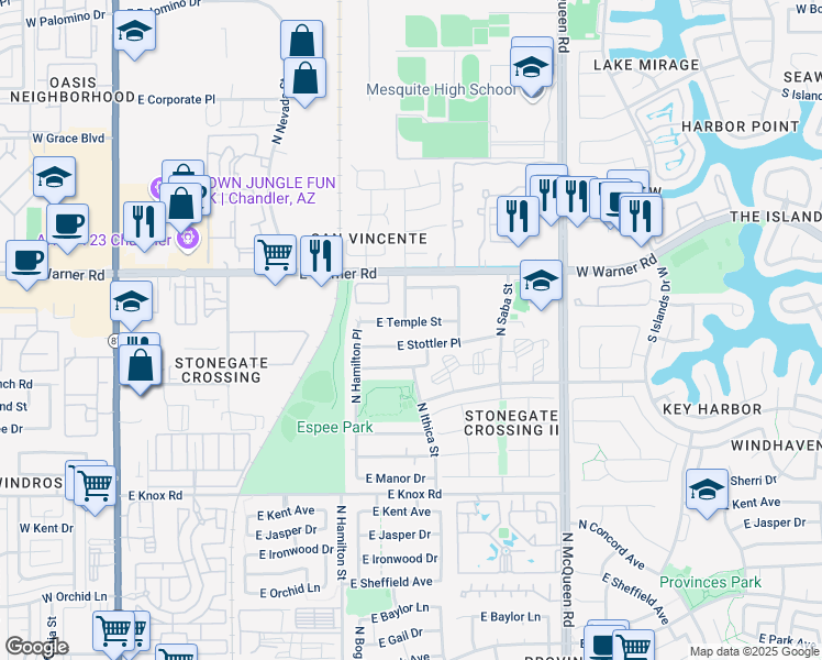 map of restaurants, bars, coffee shops, grocery stores, and more near 716 East Stottler Place in Chandler