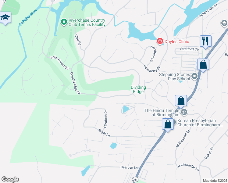 map of restaurants, bars, coffee shops, grocery stores, and more near 1075 Country Club Circle in Birmingham