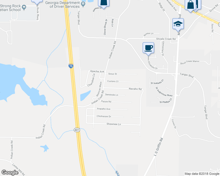 map of restaurants, bars, coffee shops, grocery stores, and more near 391 Navaho Road in Locust Grove