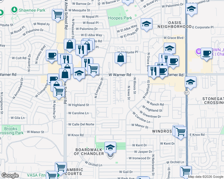 map of restaurants, bars, coffee shops, grocery stores, and more near 555 West Warner Road in Chandler