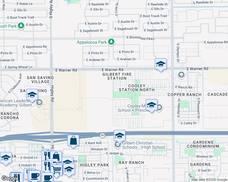 map of restaurants, bars, coffee shops, grocery stores, and more near 3617 East Leslie Drive in Gilbert