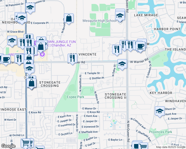 map of restaurants, bars, coffee shops, grocery stores, and more near 716 East Stottler Place in Chandler