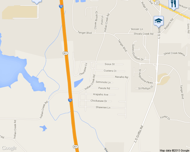 map of restaurants, bars, coffee shops, grocery stores, and more near 392 Navaho Rd in Locust Grove