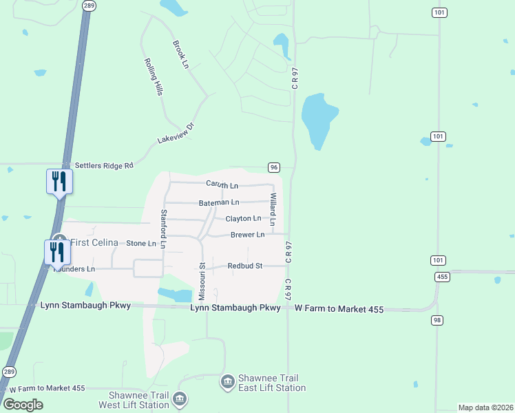 map of restaurants, bars, coffee shops, grocery stores, and more near 1436 Clayton Lane in Celina