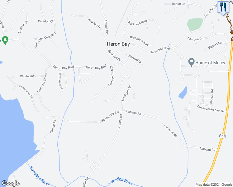 map of restaurants, bars, coffee shops, grocery stores, and more near 350 Southgate Drive in Locust Grove