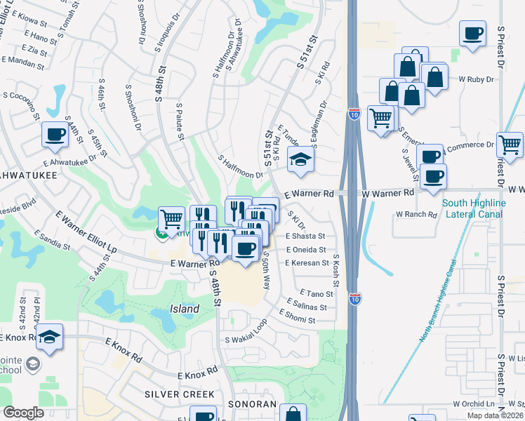 map of restaurants, bars, coffee shops, grocery stores, and more near East Warner Road in Phoenix