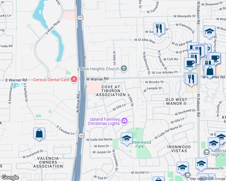 map of restaurants, bars, coffee shops, grocery stores, and more near 2675 West Estrella Drive in Chandler