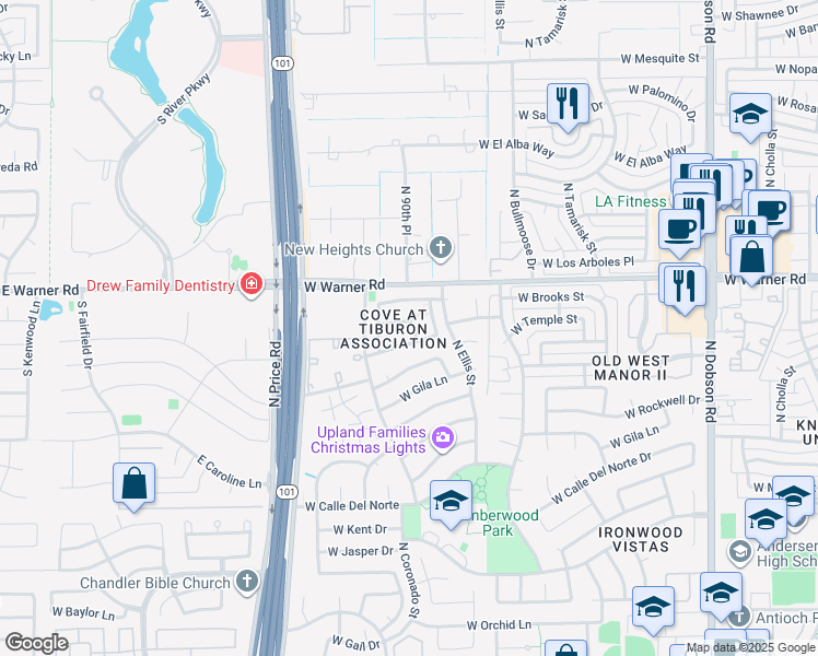 map of restaurants, bars, coffee shops, grocery stores, and more near 2675 West Estrella Drive in Chandler