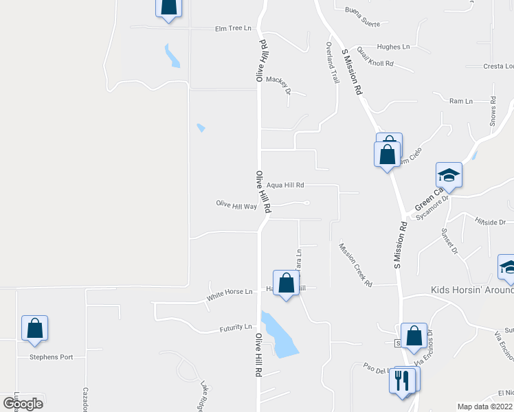 map of restaurants, bars, coffee shops, grocery stores, and more near Olive Hill Road in Fallbrook