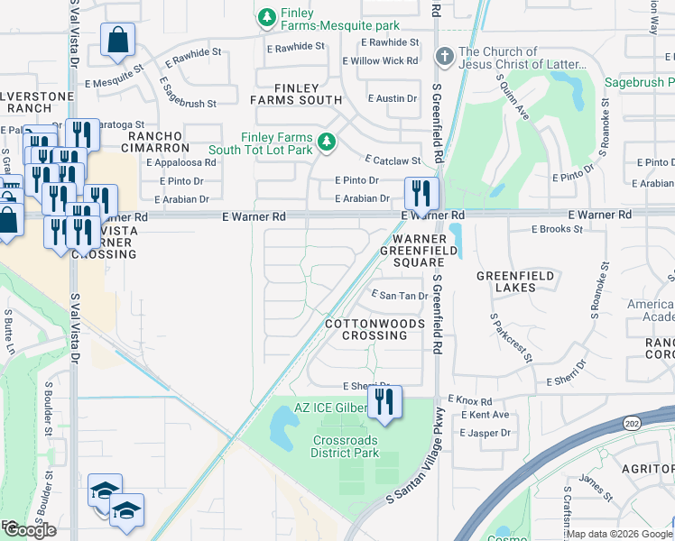 map of restaurants, bars, coffee shops, grocery stores, and more near 939 South Canal Drive in Gilbert