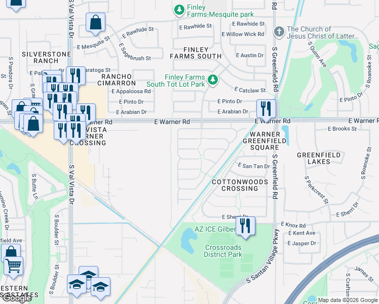 map of restaurants, bars, coffee shops, grocery stores, and more near 2074 East San Tan Court in Gilbert